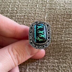 Handmade Green Teal Ribbon Glass Sterling Silver Ring